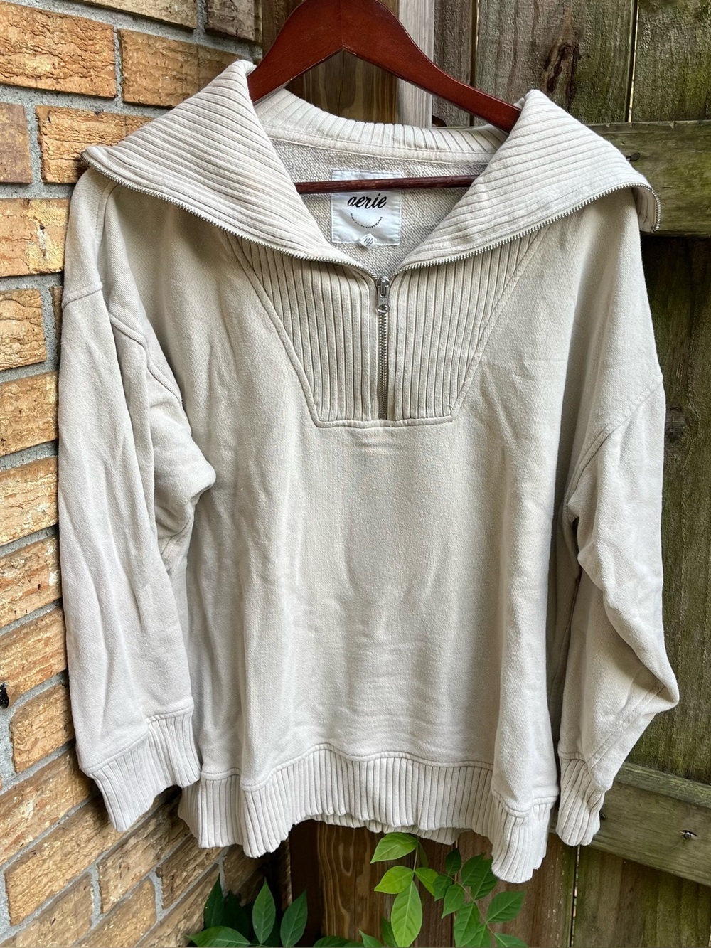 Aerie Oversized Cream Ribbed Half-Zip Funnel Neck Pullover Sweater